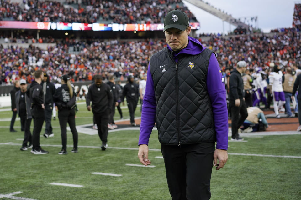Minnesota Vikings head coach Kevin O'Connell walks off the field after an overtime loss to the Cincinnati Bengals in an NFL football game Saturday, Dec. 16, 2023, in Cincinnati. (AP Photo/Carolyn Kaster)