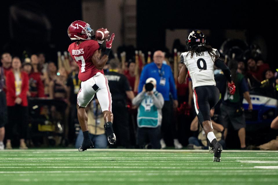 Alabama Crimson Tide wide receiver Ja'Corey Brooks (7) catches a pass for a touchdown in the second quarter the NCAA Playoff Semifinal at the Goodyear Cotton Bowl Classic on Friday, Dec. 31, 2021, at AT&T Stadium in Arlington, Texas. 