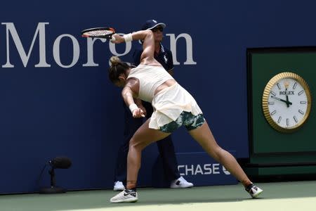 Aug 27, 2018; New York, NY, USA; Simona Halep of Romania smashes her racket on the ground during her loss to Kaia Kanepi of Estonia on day one of the 2018 U.S. Open tennis tournament at USTA Billie Jean King National Tennis Center. Mandatory Credit: Danielle Parhizkaran-USA TODAY Sports