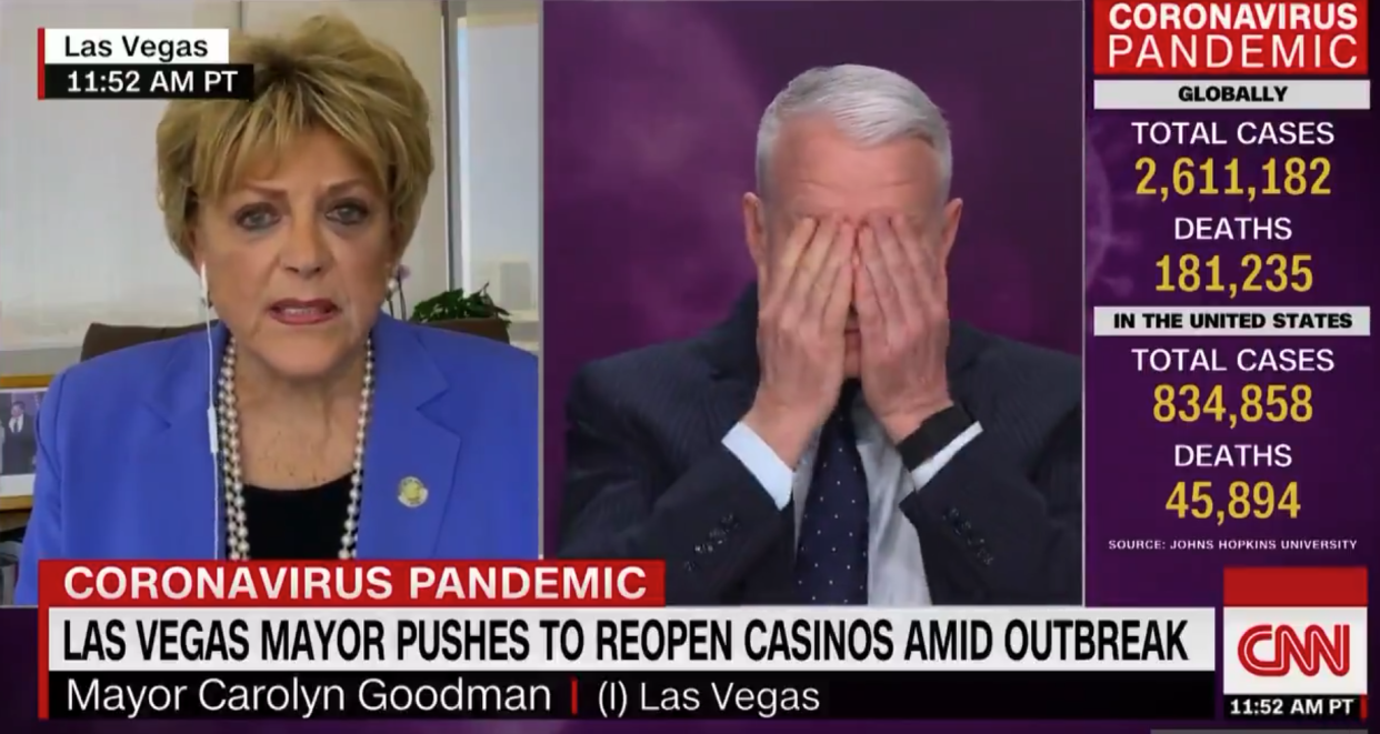 CNN host Anderson Cooper interviewing the Mayor of Las Vegas Carolyn Goodman on 22 April, 2020: CNN