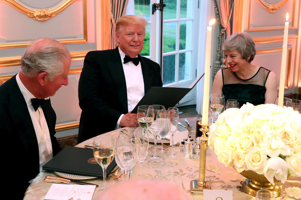 The Prince of Wales, US President Donald Trump and Prime Minister Theresa May at the Return Dinner at Winfield House, the residence of the Ambassador of the United States of America to the UK, in Regent's Park, London, as part of his state visit to the UK.