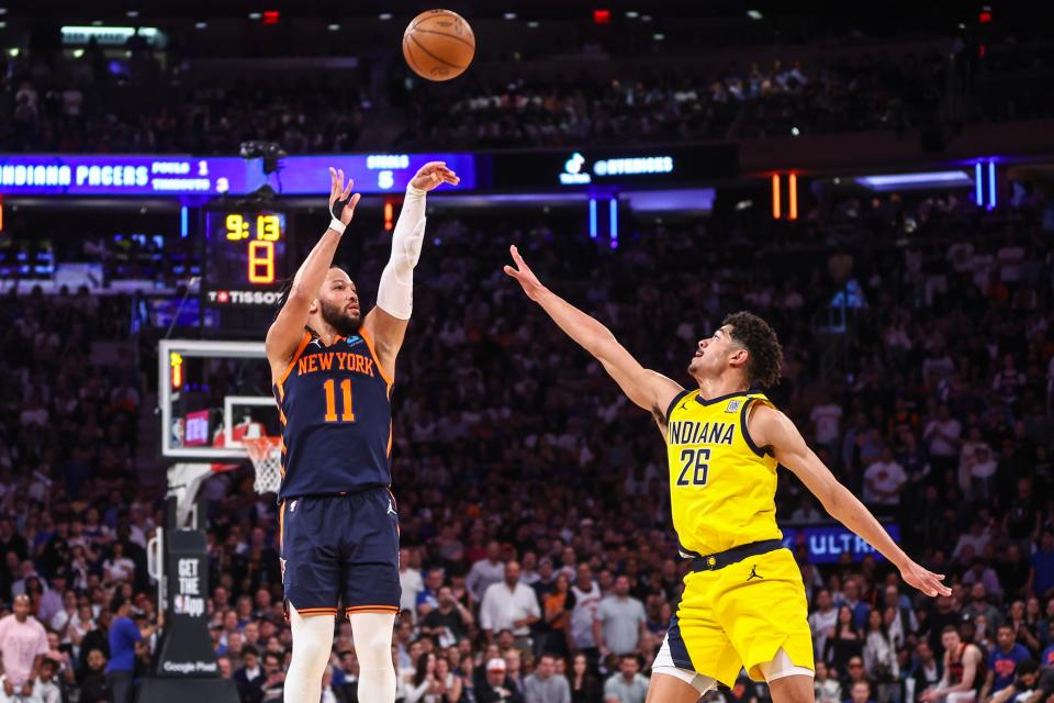 May 8, 2024; New York, New York, USA; New York Knicks guard Jalen Brunson (11) shoots over Indiana Pacers guard Ben Sheppard (26) in the fourth quarter during game two of the second round for the 2024 NBA playoffs at Madison Square Garden. Mandatory Credit: Wendell Cruz-USA TODAY Sports