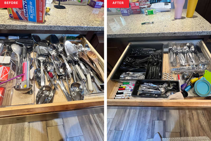 Organized and disorganized kitchen drawer.