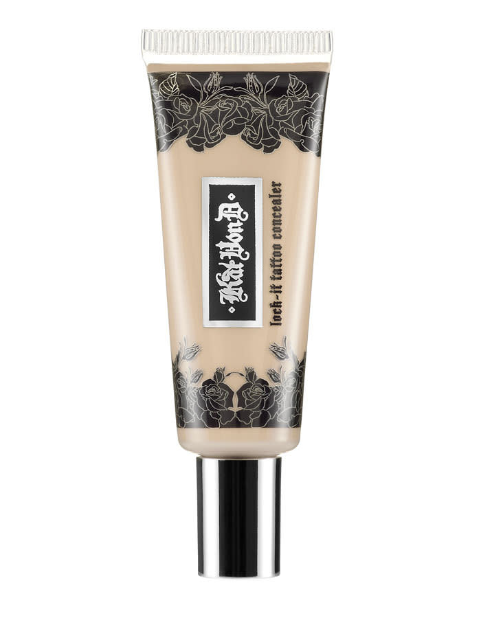 <p><b>Heavy Coverage</b></p><p>The glam girl famous for tattooing countless celebs has released a stay-put concealer to cover up everything from blemishes to, yes, permanent ink. Since it’s non-transferrable, the paraben-free formula will leave legs looking flawless too without leaving embarrassing stains on fabric. As Kat says of her long-wear product, “No one has to see what you don’t want them to see!” <b><a href="http://www.polyvore.com/kat_von_lock-it_concealer/thing?id=83934359" rel="nofollow noopener" target="_blank" data-ylk="slk:Kat Von D Lock-It Concealer, $25;elm:context_link;itc:0;sec:content-canvas" class="link ">Kat Von D Lock-It Concealer, $25</a></b></p>