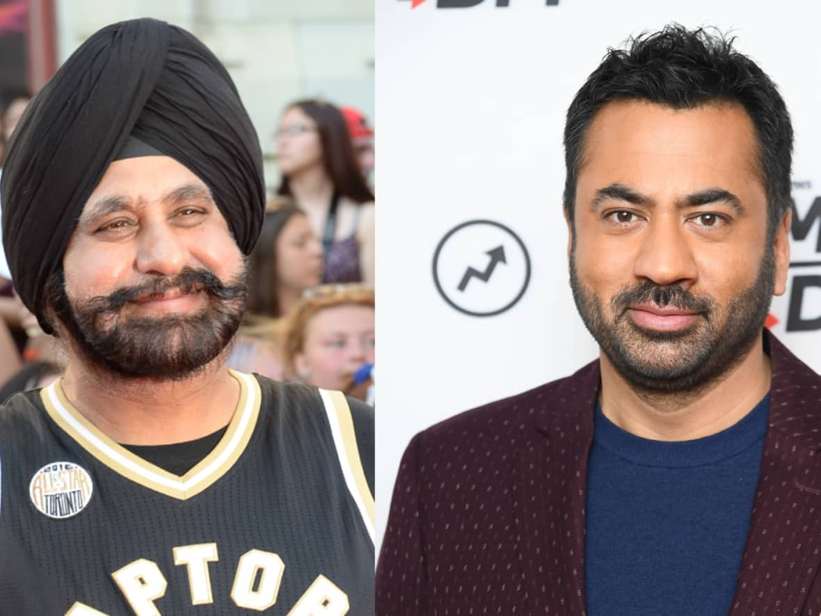 Nav Bhatia, the well-known Toronto Raptors 'Superfan,' seen at left, is going to have his life story told in a new film that will star actor Kal Penn, shown at right. Penn will help produce the project. (Sonia Recchia/Getty Images, Dimitrios Kambouris/Getty Images - image credit)