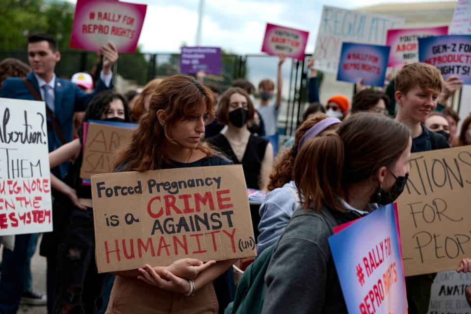 Abortion rights activists attend a rally in front of the U.S. Supreme Court building on May 05, 2022 in Washington, DC.