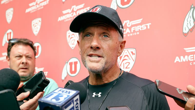 University of Utah head football coach Kyle Whittingham talks to members of the media outside of the Spence and Cleone Eccles Football Center after practice in Salt Lake City on Monday, July 31, 2023.