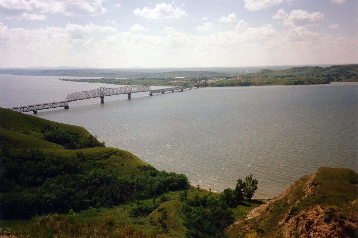 The old Four Bears Bridge spanning Lake Sakakawea/Missouri River seen from Crow Flies High view point, Fort Berthold Indian Reservation, North Dakota