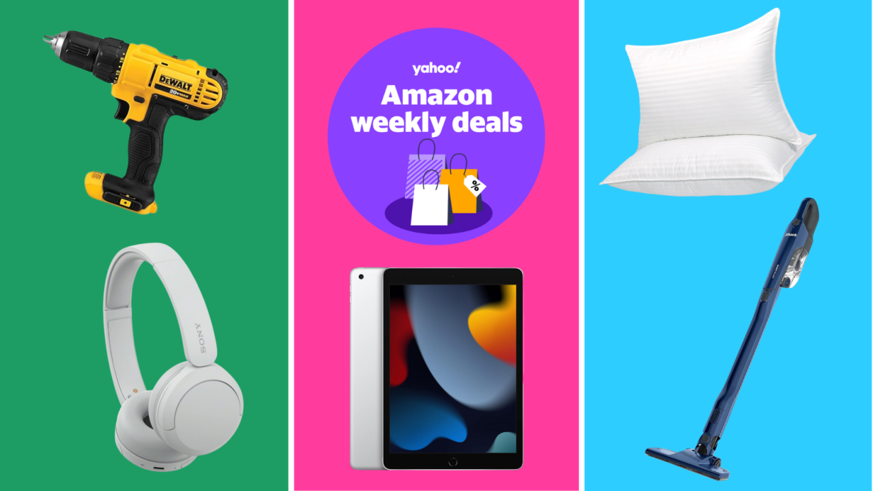  Sony headphones, DeWalt power tool, Apple iPad, Cozsinoor pillows, Shark stick vacuum and a badge that reads: Yahoo! Amazon weekly deals