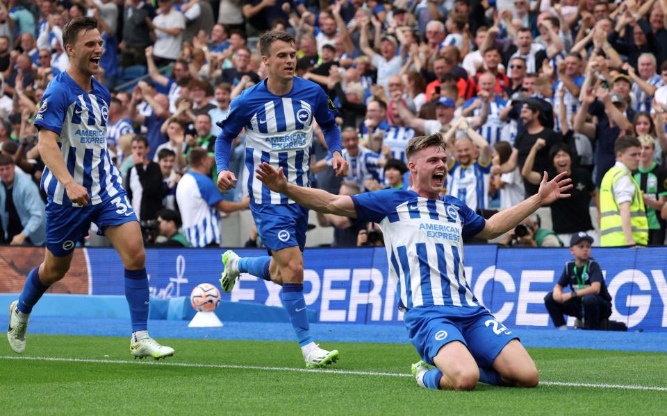 Brighton striker Evan Ferguson celebrates scoring against Newcastle