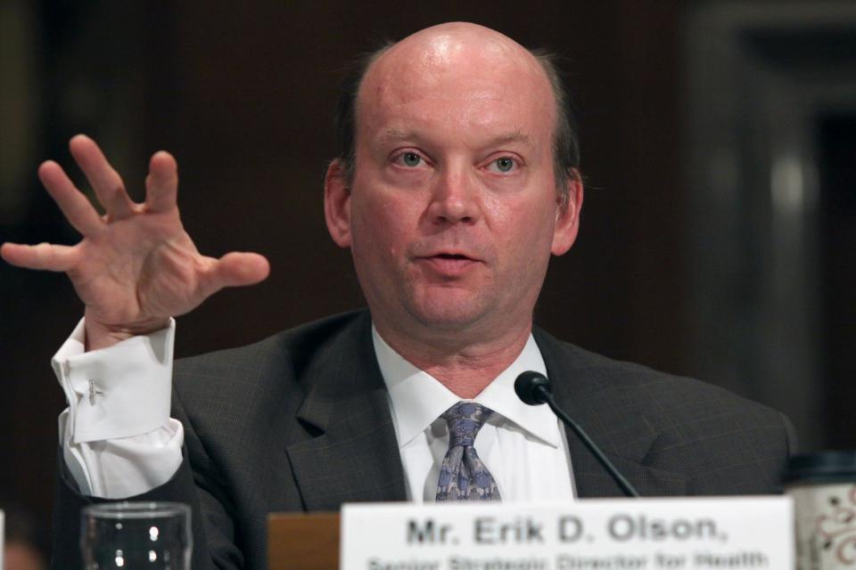 Erik Olson, Senior Strategic Director for Health and Food Natural Resources, testifies on Capitol Hill in Washington, Tuesday, Feb. 4, 2014, before the Senate subcommittee on Water and Wildlife hearing to examine the safety and security of drinking water supplies following the Central West Virginia drinking water crisis. (AP Photo/Lauren Victoria Burke)