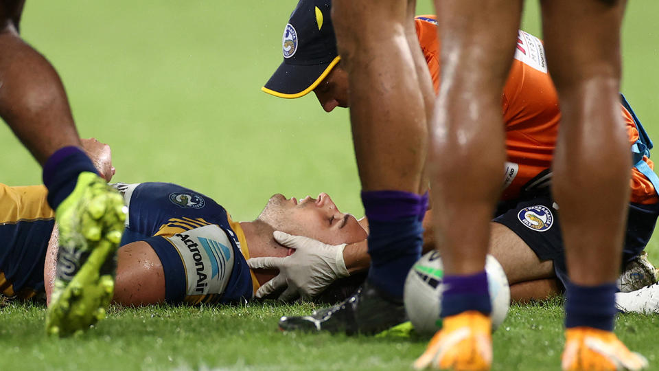 Parramatta's Ryan Matterson was concussed about a high shot from Melbourne Storm opponent Felise Kaufusi. (Photo by Cameron Spencer/Getty Images)