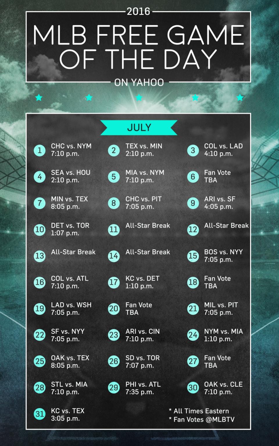 MLB Free Game of the Day schedule for July. (Yahoo Sports)