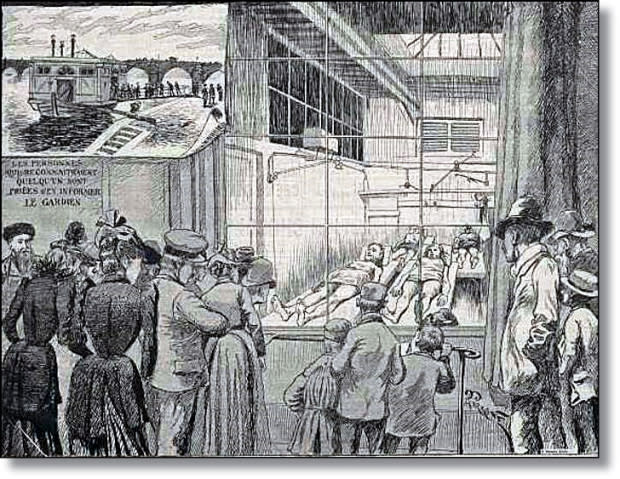 Grabado de finales del siglo XIX mostrando la sala de la morgue parisina en la que se exponían los cadáveres de personas no identificadas. (Crédito imagen merreader.emol.cl).