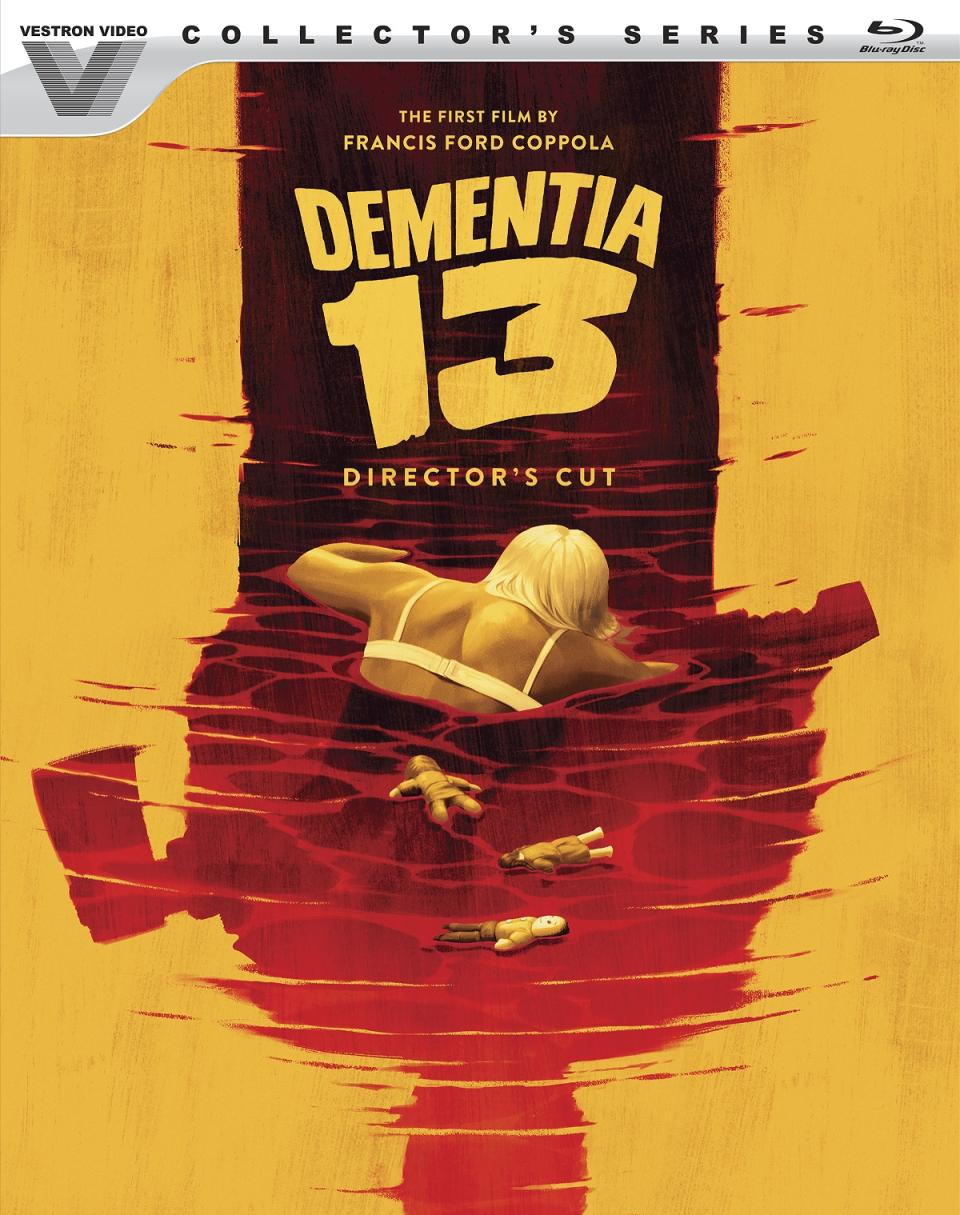 A woman's body floats face down in a pond while the shadow of an ax murderer engulfs it in the artwork for Vestron Video's release of Dementia 13 Director's Cut.