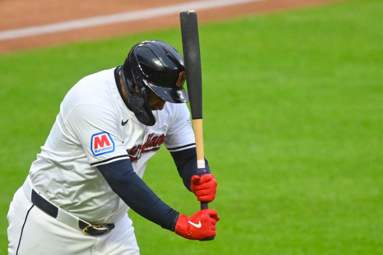 Guardians designated hitter Josh Naylor reacts after hitting a two-run home run in the fifth inning against the Oakland Athletics, April 20, 2024, in Cleveland.