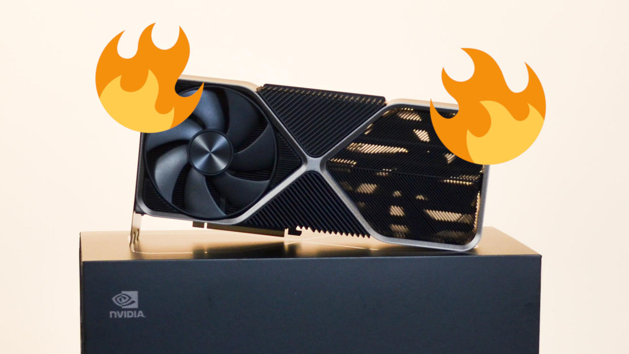  Image of the RTX 4090 propped up on its packaging, with a pair of Twitter 'fire' emojis on either side of it. 