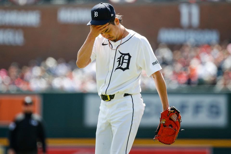 Detroit Tigers pitcher Kenta Maeda walks off the field after pitching the first inning against Oakland Athletics at Comerica Park on Saturday, April 6, 2024.
