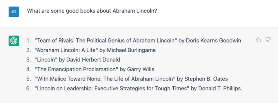 A reasonable list of books about Lincoln. Screen capture by Jonathan May., <a href="http://creativecommons.org/licenses/by-nd/4.0/" rel="nofollow noopener" target="_blank" data-ylk="slk:CC BY-ND;elm:context_link;itc:0;sec:content-canvas" class="link ">CC BY-ND</a>