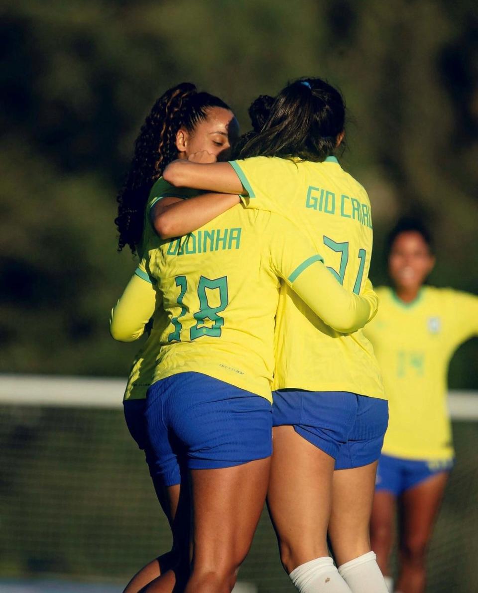 Brazil U20 player Giovana Canali celebrates a goal scored during a game against Belgium in December.