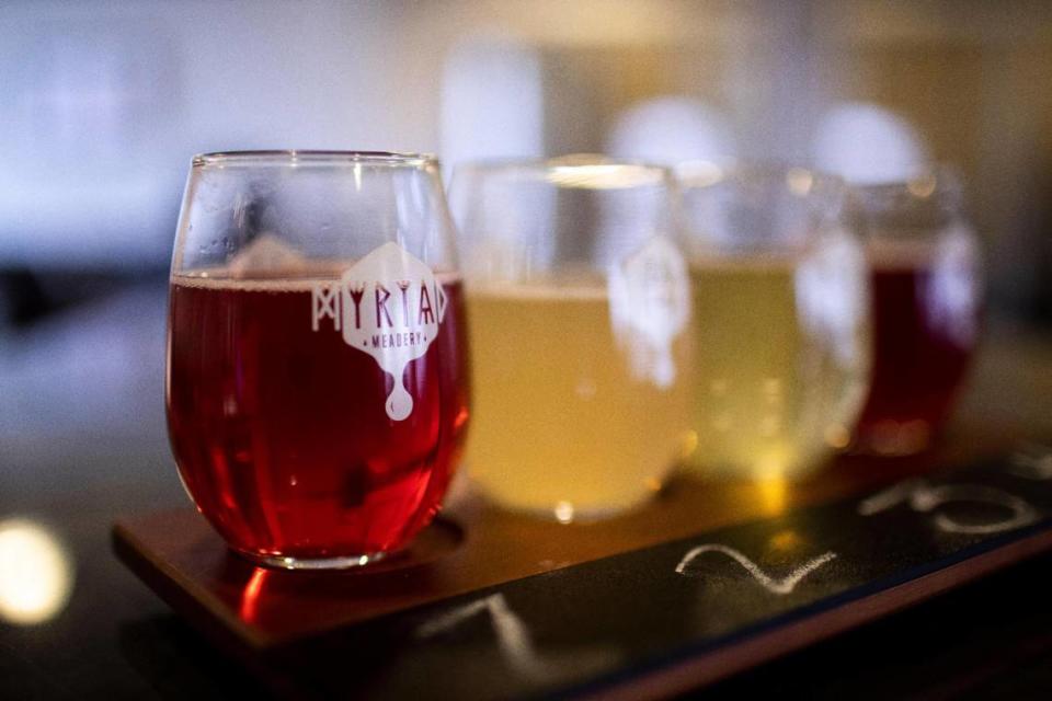 A flight of mead from Myriad Meadery on National Avenue.