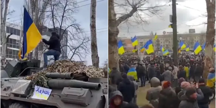 Ukrainians protested against the Russian occupation in Kherson on March 5, 2022.