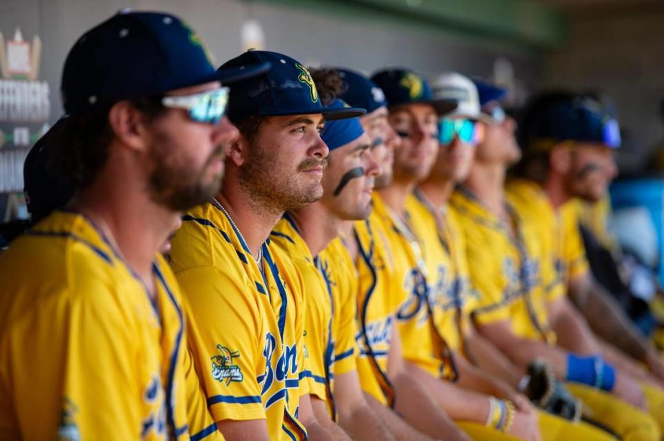 Savanna Bananas’ wait in the dugout before their final California game in the Savannah Bananas World Tour on Saturday, July 29, 2023, at Sutter Health Park in West Sacramento.