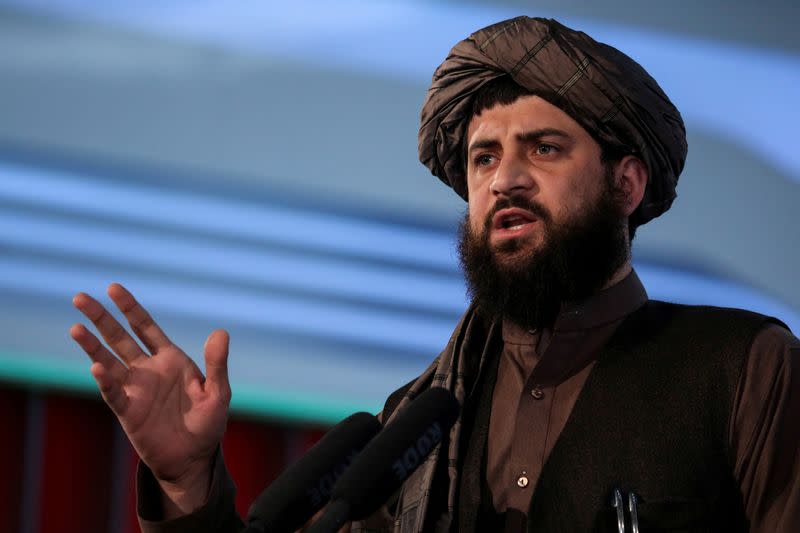 FILE PHOTO: Afghan Taliban's Minister of Defense Mullah Mohammad Yaqoob speaks during the death anniversary of Mullah Mohammad Omar, the late leader and founder of the Taliban, in Kabul