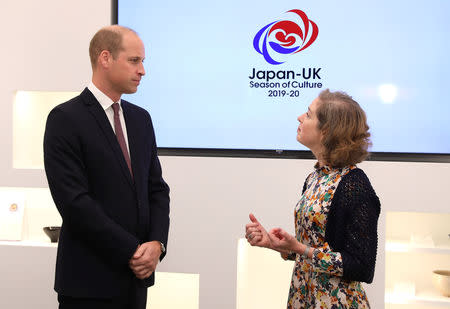 Britain's Prince William talks to Rebecca Simor, Director, Festivals and Seasons at the British Council, at the official opening of Japan House in London, Britain, September 13, 2018. Tim P. Whitby/Pool via REUTERS