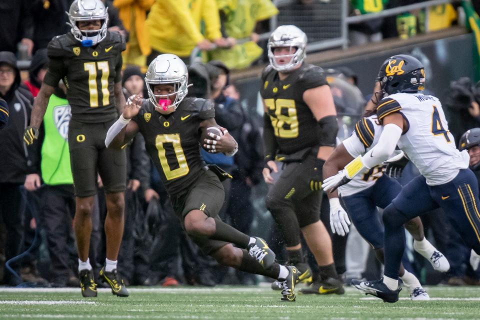 Oregon running back Bucky Irving carries the ball as the No. 6 Oregon Ducks host California Saturday, Nov. 4, 2023, at Autzen Stadium in Eugene, Ore.