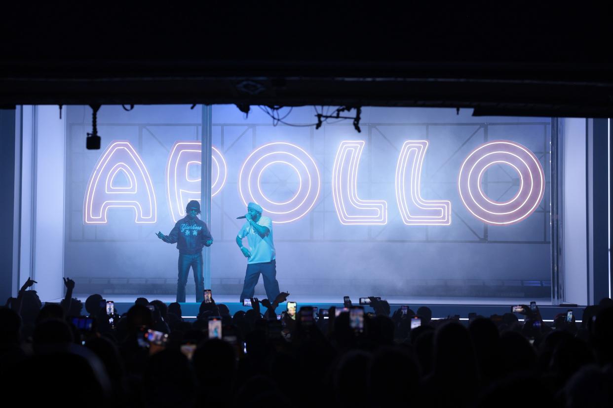Drake returned to the stage at the Apollo Theater on Sunday in New York City for a concert showcasing his biggest hits across his many eras. Pictured here, Drake invited rapper 21 Savage to perform on stage together.