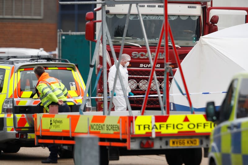 The scene where bodies were discovered in a lorry container, in Grays, Essex