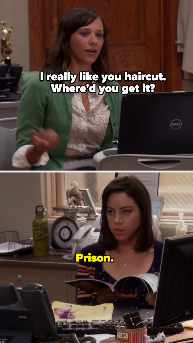 ann asking april about her haircut, and april saying she got it in prison