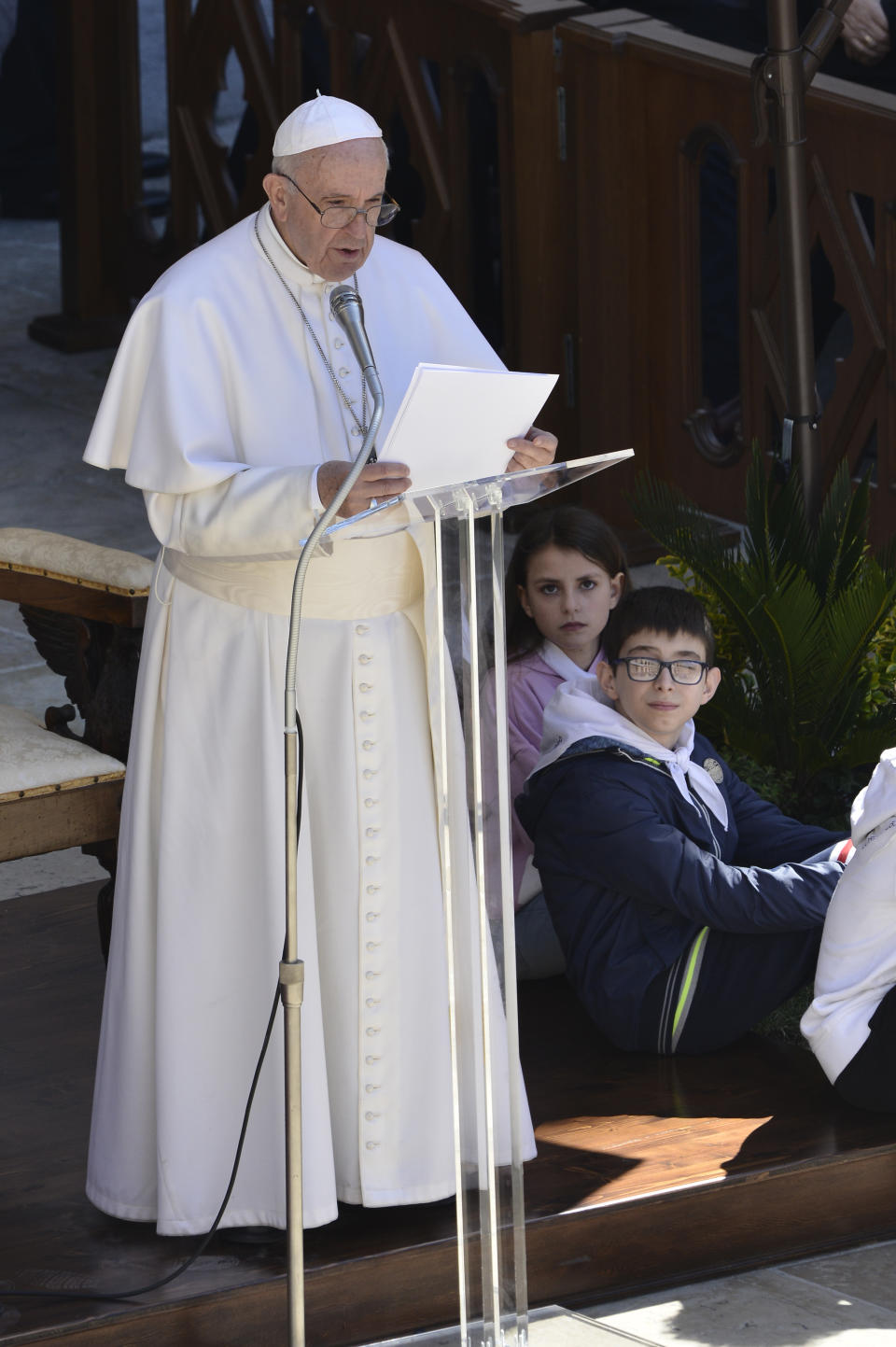 Pope Francis delivers his message at Loreto's cathedral, central Italy, Monday, March 25, 2019. Francis has traveled to a major Italian pilgrimage site dedicated to the Virgin Mary to sign a new document dedicated to today's youth. (AP Photo/Sandro Perozzi)