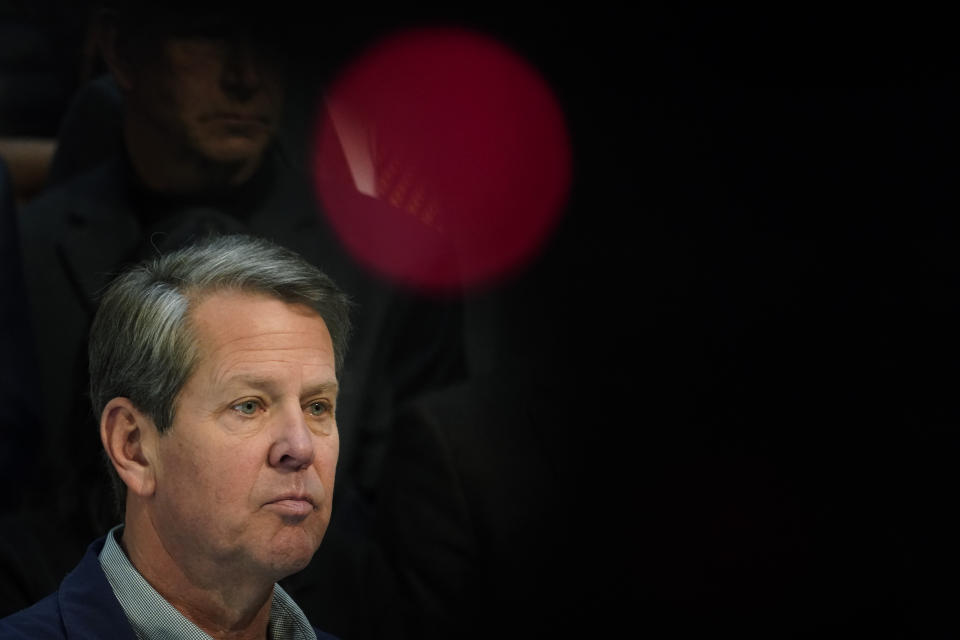 Georgia Gov. Brian Kemp speaks during a news conference at the State Capitol on Saturday, April 3, 2021, in Atlanta, about Major League Baseball's decision to pull the 2021 All-Star Game from Atlanta over the league's objection to a new Georgia voting law. (AP Photo/Brynn Anderson)