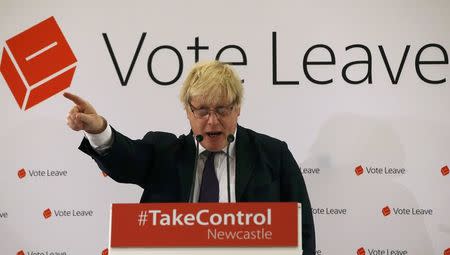 London Mayor Boris Johnson speaks at a Vote Leave rally in Newcastle, Britain April 16, 2016. REUTERS/Andrew Yates