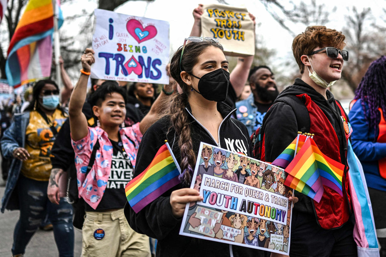 Image: Supporters of LGBTQ+ rights march from Union Station towards Capitol Hill on March 31, 2023. (Andrew Caballero-Reynolds / AFP - Getty Images)
