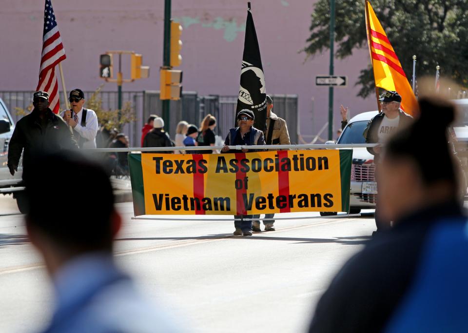 The Texas Association of Vietnam Veterans take part in the Veterans Day Parade Saturday, Nov. 2, 2019, in downtown Wichita Falls.