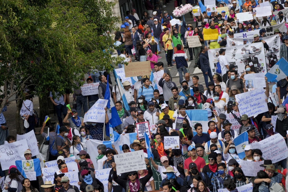 Demonstrators march to support the electoral process in Guatemala City, Saturday, July 8, 2023. Chief Justice Silvia Valdes Quezada issued an order blocking the certification of the results for the first-round presidential June 25th election, late Friday. (AP Photo/Moises Castillo)