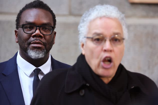 Cook County Board President Toni Preckwinkle announces her support for Brandon Johnson (left) during a press conference outside of Chicago City Hall on Tuesday.