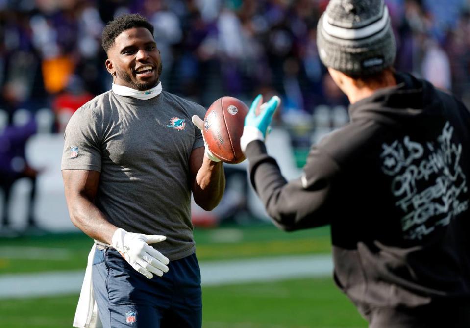 Miami Dolphins wide receiver Tyreek Hill (10) during warmups before the start of an NFL football game against the Baltimore Ravens at M&T Bank Stadium in Baltimore, Maryland on Sunday, Dec. 31, 2023.