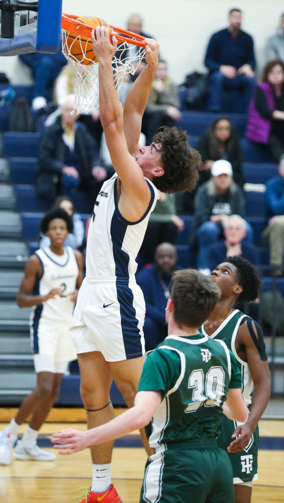 Salesianum's Aidan Montgomery slams in the first half of Salesianum's 65-51 win at home, Thursday, Feb. 2, 2023.