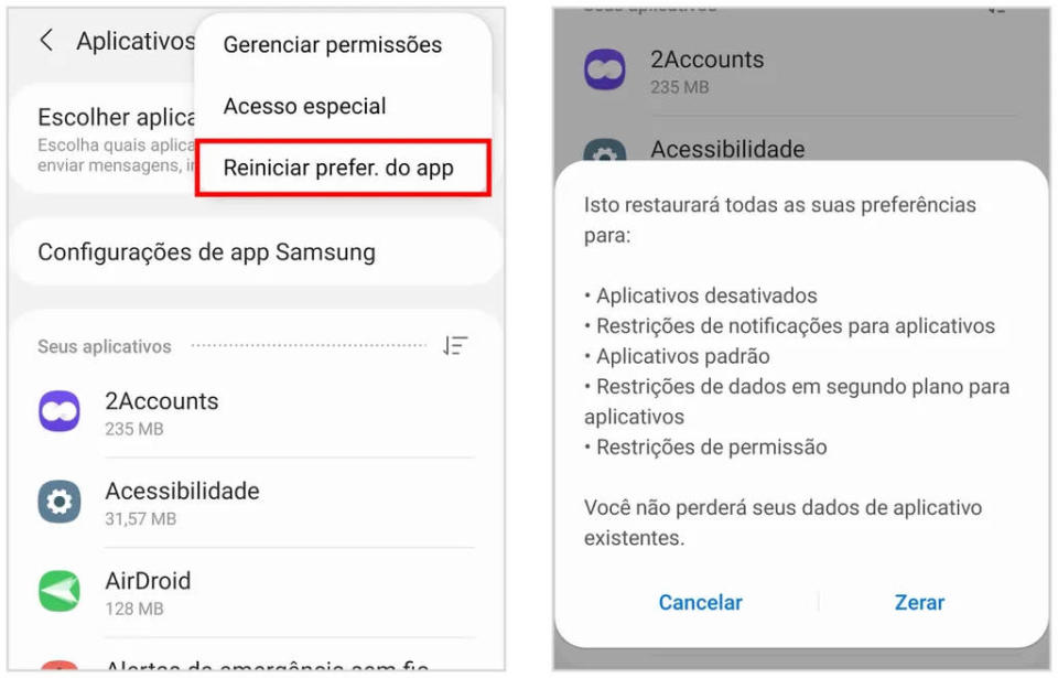 Reiniciar/restaurar preferências dos apps pode ajudar com o erro de "App não foi instalado" (Captura de tela: Caio Carvalho)