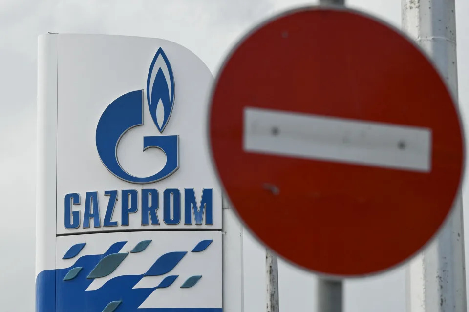 The logo of Russia's energy giant Gazprom is pictured at one of its petrol stations in Sofia on April 27, 2022. - Russia's energy giant Gazprom said on April 27, 2022 it had stopped all gas supplies to Poland and highly dependent Bulgaria after not receiving payment in rubles from the two EU members. President Vladimir Putin last month said Russia will only accept payment for deliveries in its national currency, with buyers required to set up ruble accounts or have their taps turned off. (Photo by Nikolay DOYCHINOV / AFP) (Photo by NIKOLAY DOYCHINOV/AFP via Getty Images)