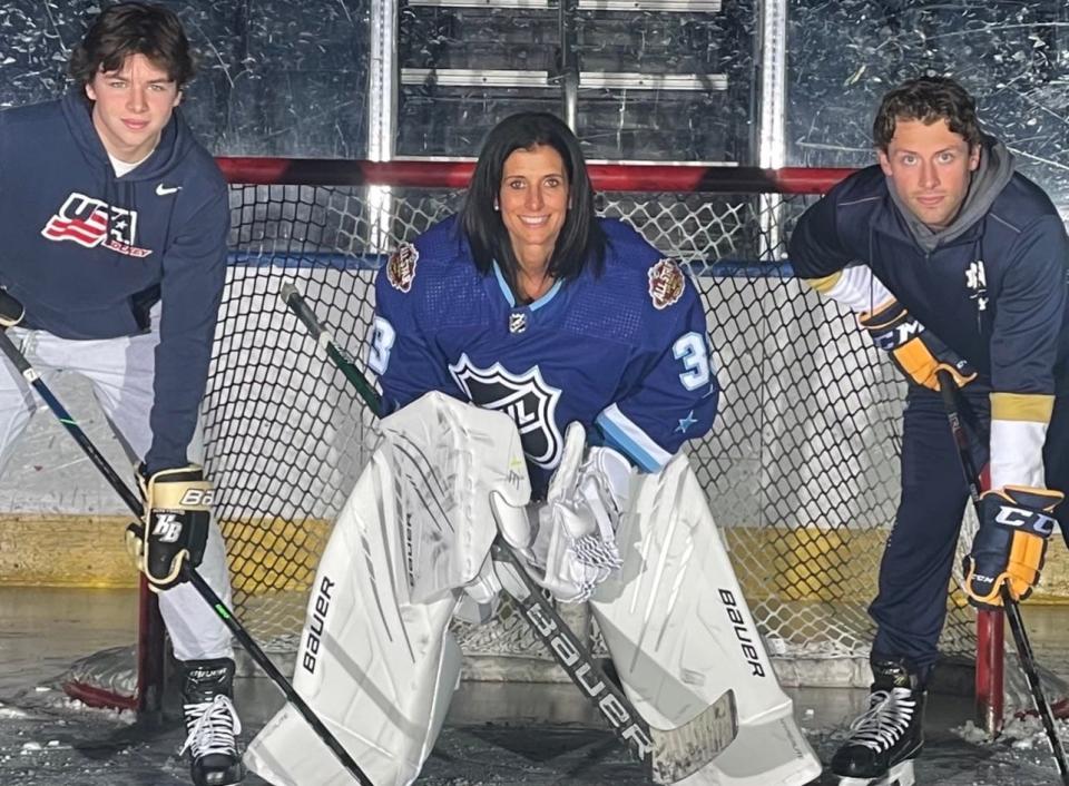 Michigan State goalie Dylan St. Cyr, right, pictured with his mom, legendary goalie Manon Rheaume, and his younger brother Dakoda, left.