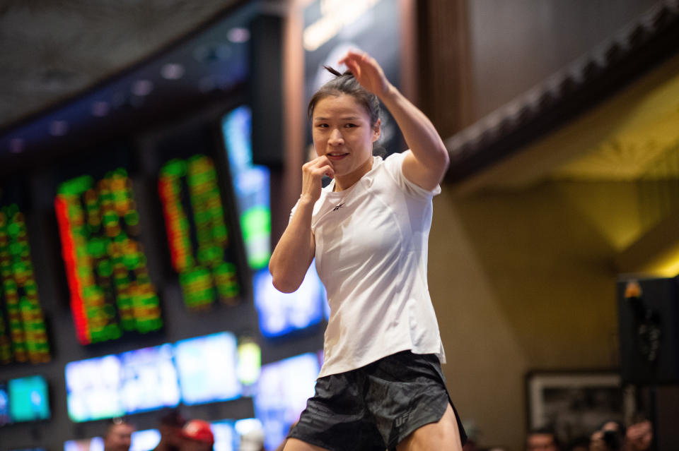 LAS VEGAS, NV - MARCH 04:  Zhang Weili of China holds an open training session for fans and media during the UFC 248 Open Workouts at MGM Grand on March 4, 2020 in Las Vegas, Nevada. (Photo by Chris Unger/Zuffa LLC via Getty Images)