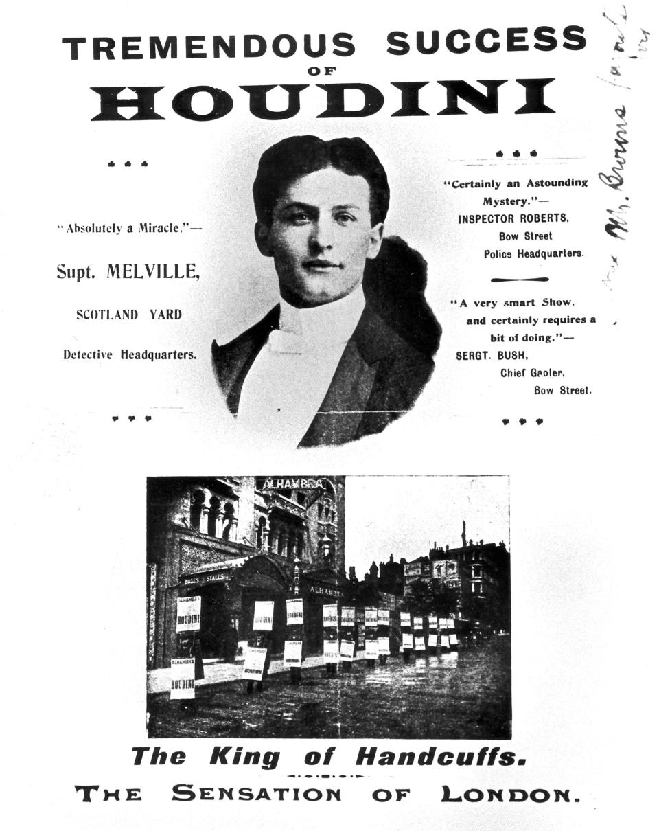 A poster touts the tremendous of success of Harry Houdini.