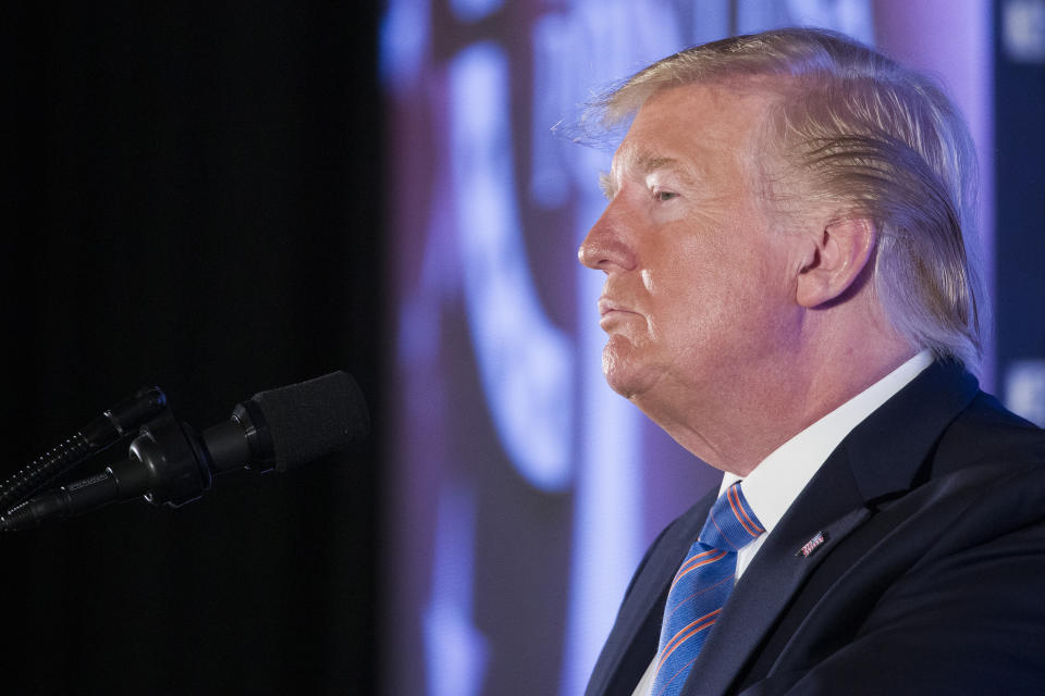 President Donald Trump pauses while speaking at Turning Point USA's Teen Student Action Summit 2019, Tuesday, July 23, 2019, in Washington. (AP Photo/Alex Brandon)