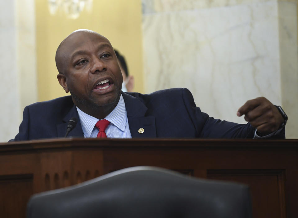 Sen. Tim Scott, R-S.C., speaks during a Senate Small Business and Entrepreneurship hearing to examine implementation of Title I of the CARES Act, Wednesday, June 10, 2020 on Capitol Hill in Washington. (Kevin Dietsch/Pool via AP)