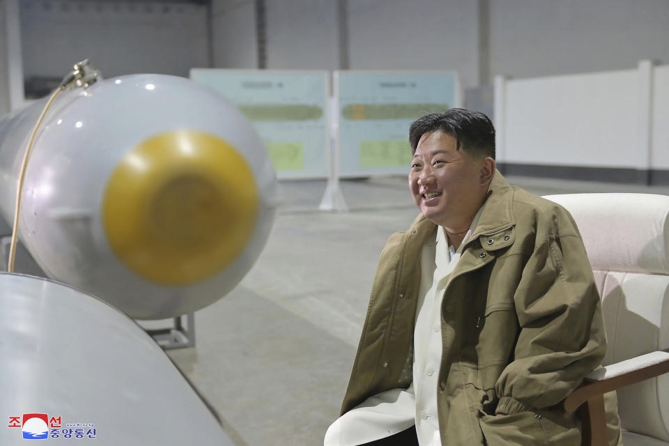 In this undated photo provided by the North Korean government, North Korean leader Kim Jong Un inspects what it says unmanned underwater nuclear attack craft "Haeil" which was tested during exercises held on March 21 - 23, 2023 in North Korea. Independent journalists were not given access to cover the event depicted in this image distributed by the North Korean government. The content of this image is as provided and cannot be independently verified. Korean language watermark on image as provided by source reads: "KCNA" which is the abbreviation for Korean Central News Agency. (Korean Central News Agency/Korea News Service via AP)